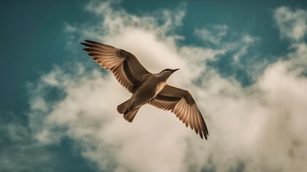 Une prise de vue à faible angle d'un oiseau volant sous un ciel nuageux pendant la journée