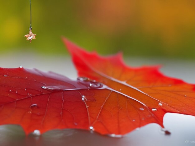 prise de vue d'une feuille d'érable et d'une goutte d'eau sur un fond flou confortable