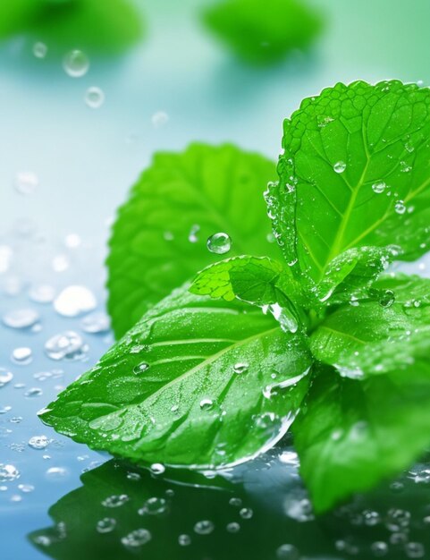 prise de vue de feuilles de menthe et de goutte d'eau sur un fond flou confortable