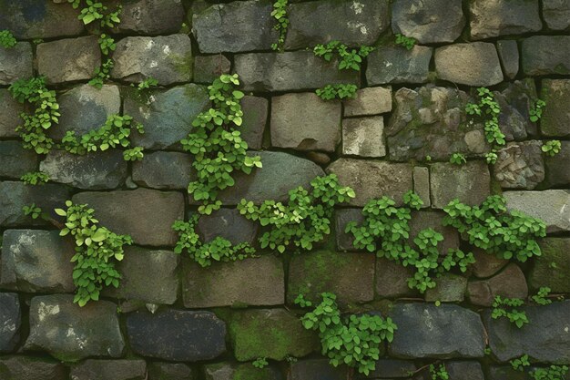 La prise de vue frontale capture un mur de pierre vieilli orné d'une abondante mousse verte