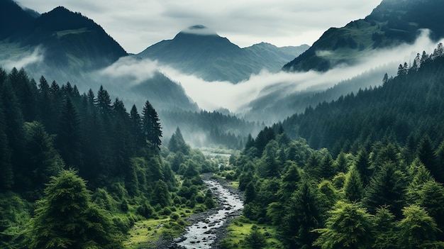Prise de vue en grand angle d'une belle forêt avec beaucoup d'arbres verts enveloppés de brouillard en Nouvelle-Zélande