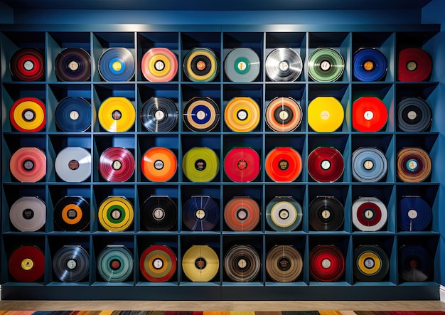 Une prise de vue grand angle d'une étagère de disques en vinyle bien organisée avec des rangées de disques colorés soigneusement