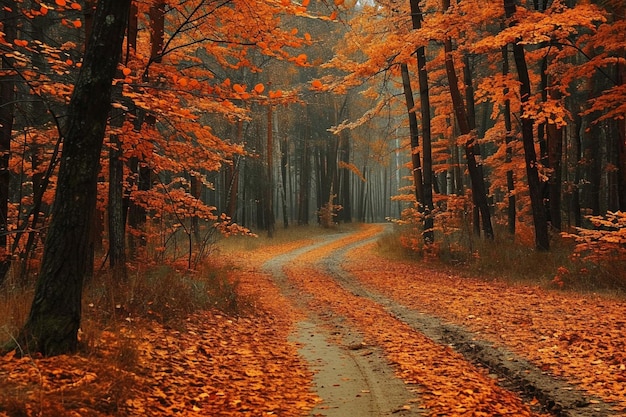 Prise de vue en grand angle de feuilles d'automne rouges au sol dans une forêt avec des arbres