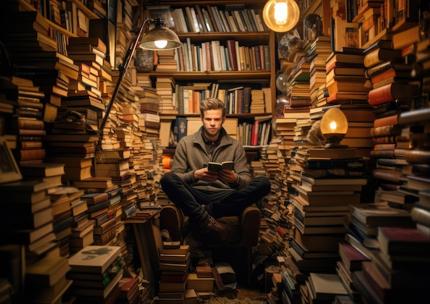 Prise de vue grand angle d'un romancier assis dans un coin confortable d'une bibliothèque, entouré d'étagères remplies
