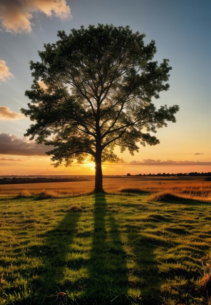 prise de vue grand angle d'un seul arbre poussant sous un ciel nuageux pendant un coucher de soleil entouré d'herbe