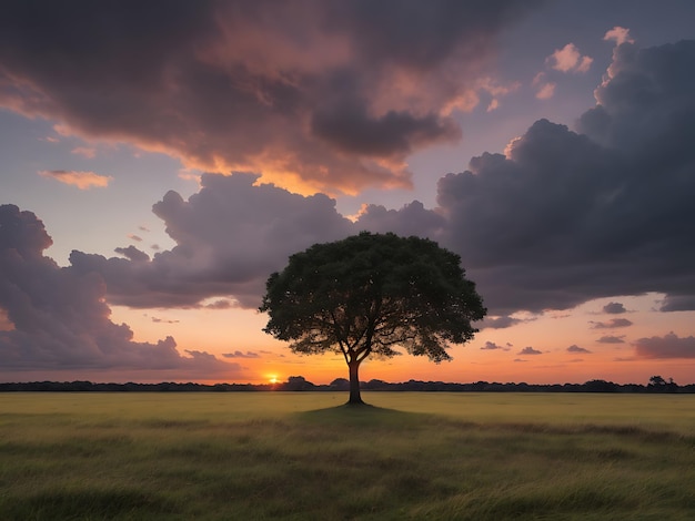 Prise de vue grand angle d'un seul arbre poussant sous un ciel nuageux pendant un coucher de soleil entouré d'herbe