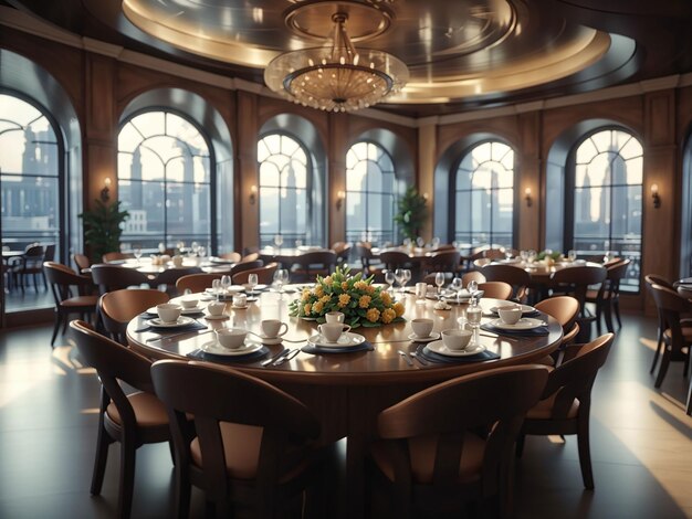 Prise de vue en grand angle d'une table ronde de restaurant chic avec fenêtres