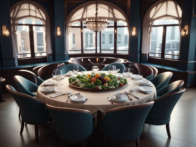 Prise de vue en grand angle d'une table ronde de restaurant chic avec fenêtres