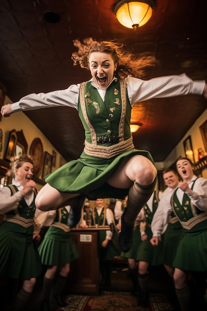 Une prise de vue à grande vitesse des danseurs irlandais à mi-performance