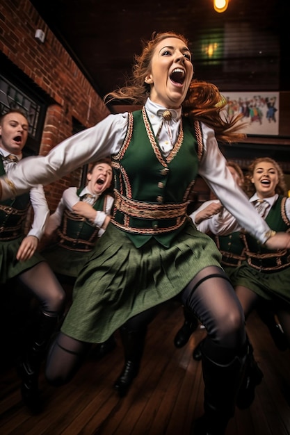 Une prise de vue à grande vitesse des danseurs irlandais à mi-performance