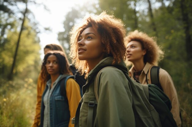 Prise de vue d'un groupe de jeunes femmes en randonnée dans la nature