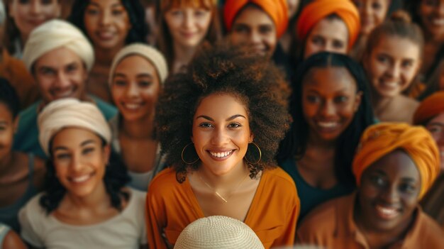 Photo une prise de vue en haut angle capturant un grand groupe diversifié de personnes souriantes