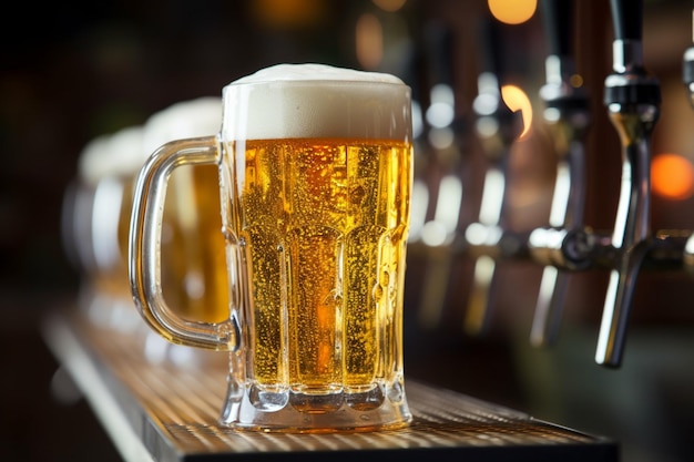 La prise de vue en haut angle montre une tasse de bière mousseuse dont la mousse promet un rafraîchissement.