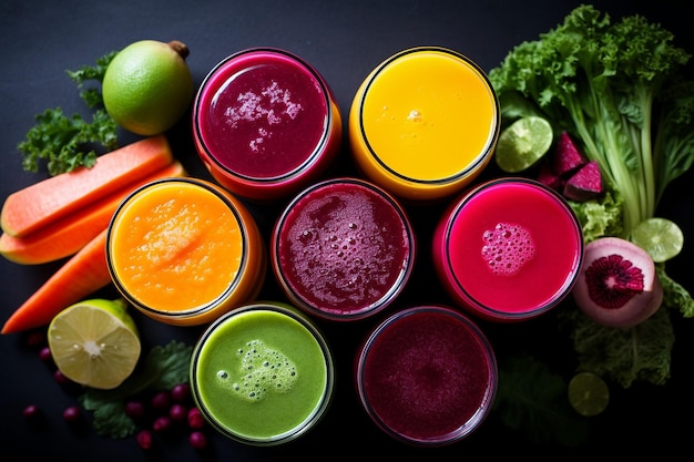 Photo une prise de vue en haut angle d'une variété de jus colorés, y compris du jus de betterave, disposés sur une table