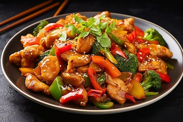 Une prise de vue en haut angle d'un wok rempli de poulet bok choy et de champignons shiitake