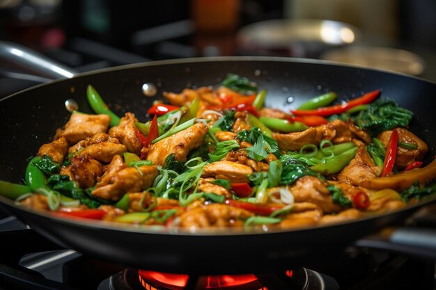 Une prise de vue en haut angle d'un wok rempli de poulet bok choy et de champignons shiitake