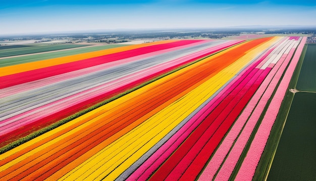 Une prise de vue à haute altitude capturant le motif d'un champ de tulipes au printemps