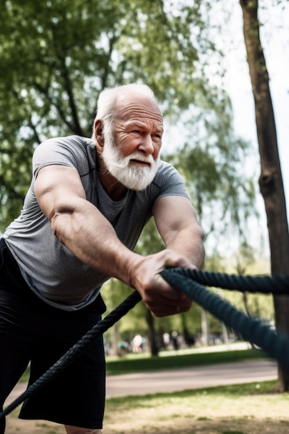 Prise de vue d'un homme âgé grimpant sur une corde pendant son entraînement dans le parc, créée avec une IA générative