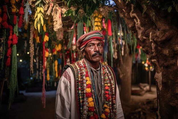 Prise de vue d'un homme portant une tenue traditionnelle, debout devant des arbres décorés