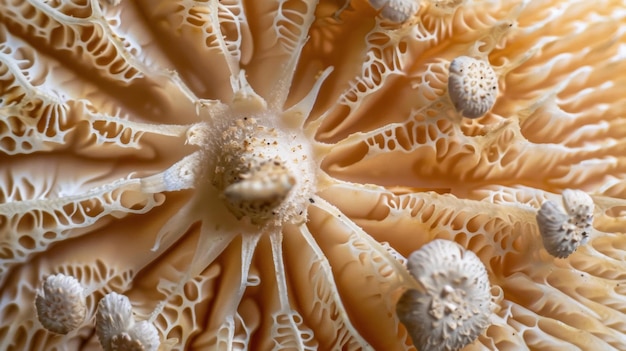 Une prise de vue macro d'une cape de champignon révélant des détails et des textures cachés qui la font apparaître presque