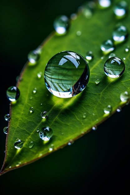 prise de vue macro d'une goutte de pluie sur une séance photo de feuille naturelle