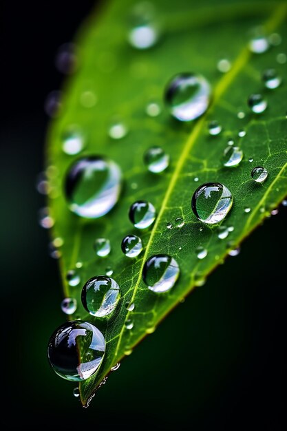 prise de vue macro d'une goutte de pluie sur une séance photo de feuille naturelle