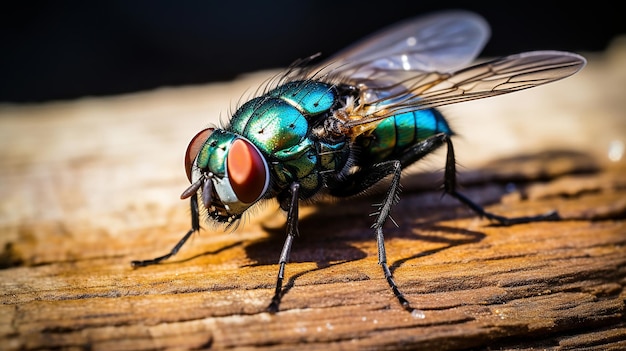 Photo une prise de vue macro d'une mouche iridescente sur une toile de fond en bois rustique
