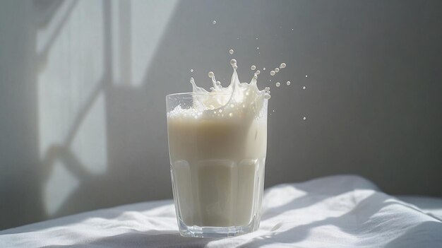 Une prise de vue magnifiquement détaillée d'un verre de lait avec un effet d'éclaboussure sur une surface blanche et propre Le lait est montré avec des gouttes et des éclaboussures créant une image dynamique et rafraîchissante