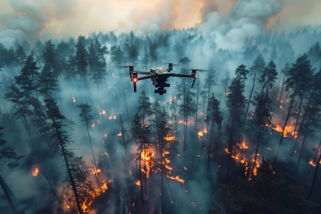 Une prise de vue panoramique aérienne d'un drone sur des arbres en flammes dans une forêt couvrant le feu