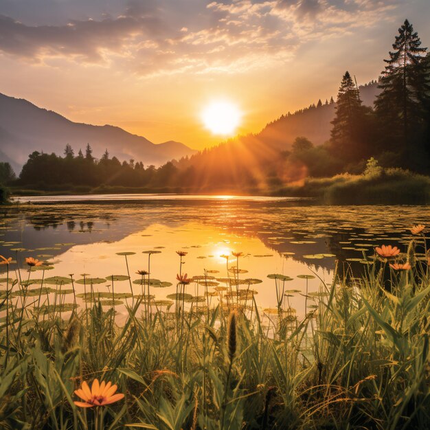 Prise de vue d'un paysage éthéré capturant la teinte dorée du soleil sur des montagnes majestueuses et des lacs sereins