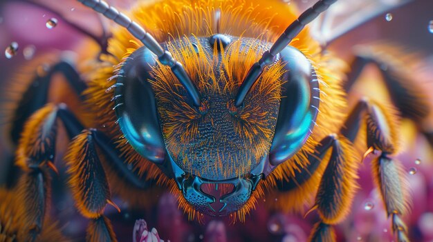 Une prise de vue rapprochée d'une abeille en vol heure d'or les ailes des abeilles et les poils du corps sont visibles et soulignés par l'éclairage