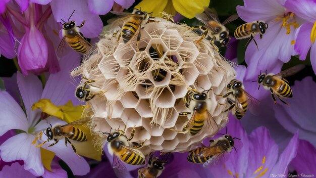 Photo une prise de vue rapprochée des abeilles sur un nid de guêpes en papier