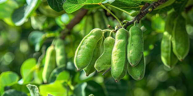 Photo une prise de vue rapprochée de l'arbre de carottes avec des carottes vertes fraîches parmi la nature avec un grand fond vert flou pour le texte ou le fond de la publicité du produit ia générative