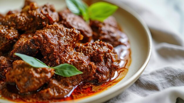 Une prise de vue rapprochée d'une assiette de Beef Rendan