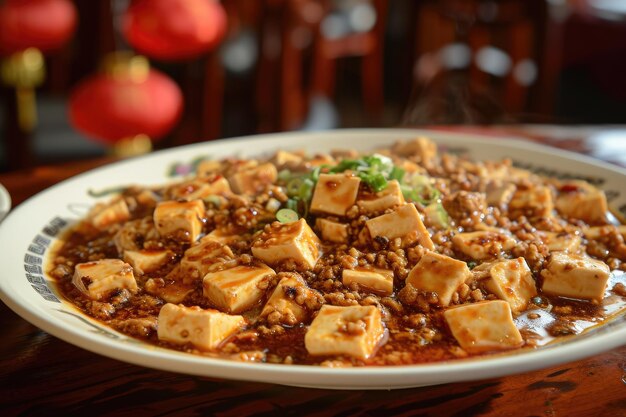 Photo prise de vue rapprochée d'une assiette de mapo tofu avec des cubes de tofu doux de porc moulu