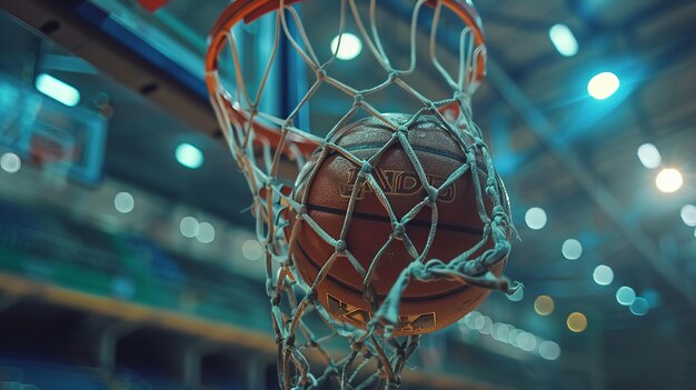 Photo une prise de vue rapprochée d'une balle de basket dans le filet avec lumière de fond une vue de nuit et de l'espace pour le texte ou le produit sportif arrière-plan ia générative