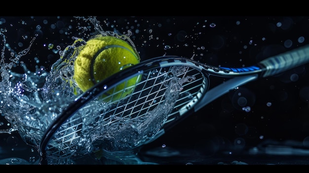 Une prise de vue rapprochée d'une balle de tennis et d'une raquette avec une éclaboussure d'eau isolée sur un fond sombre