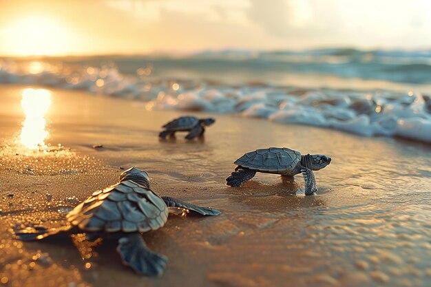 Une prise de vue rapprochée d'un bébé tortue qui se promène sur la plage avec un grand espace pour le texte ou un fond de publicité de produit IA générative