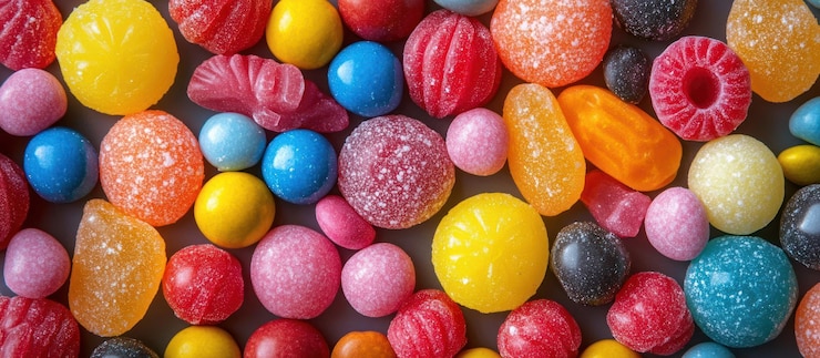 Photo une prise de vue rapprochée de bonbons et de sucreries colorés de différentes formes et textures, y compris des bonbons ronds, ovales et en forme d'étoile