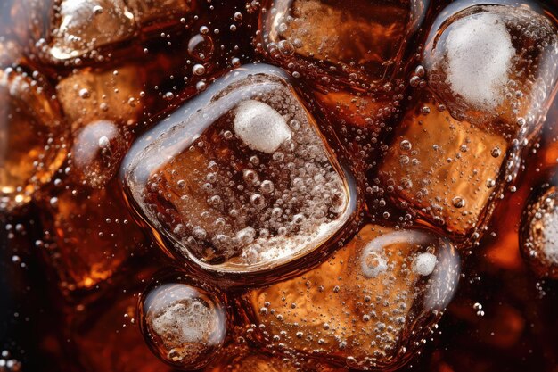 Une prise de vue rapprochée de bulles de soda dans un cola avec de la glace dans le verre