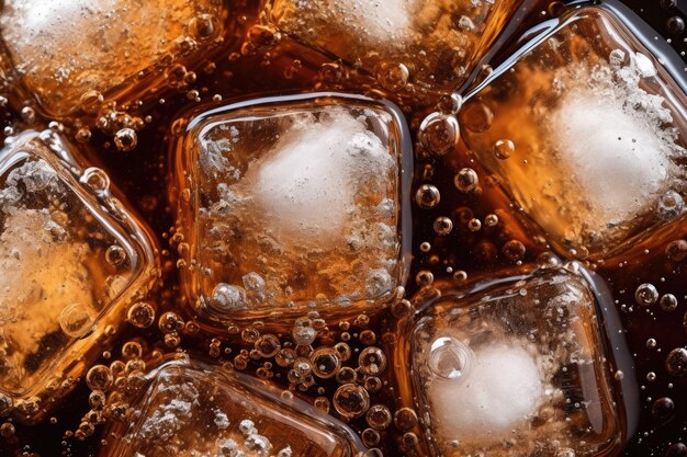 Une prise de vue rapprochée de bulles de soda dans un cola avec de la glace dans le verre