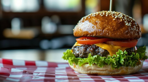 Une prise de vue rapprochée d'un burger classique contre un décor de dîner classique