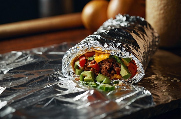 Une prise de vue rapprochée d'un burrito enveloppé dans du papier d'aluminium