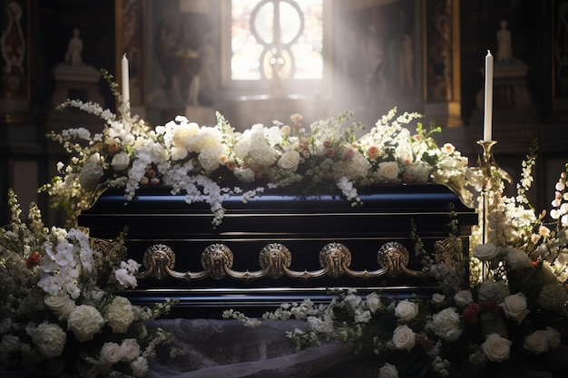 Photo prise de vue rapprochée d'un cercueil dans un chariot funéraire ou une chapelle avant les funérailles ou l'enterrement au cimetière