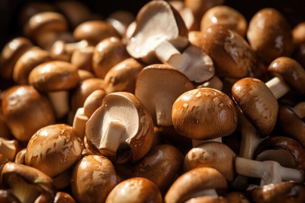 Une prise de vue rapprochée des champignons marinés montrant leurs tons terreux et leur texture délicate.