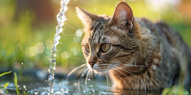 Photo une prise de vue rapprochée d'un chat buvant de l'eau par une chaude journée d'été dans la pelouse avec un fond flou et un grand espace pour le texte ia générative