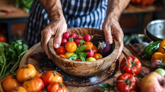 Une prise de vue rapprochée d'un chef qui arrange délicatement un bol de fruits et légumes colorés