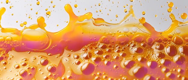 Une prise de vue rapprochée du jus d'orange avec une texture crémeuse, des éclaboussures et des bulles d'eau avec un grand espace pour le texte ou la publicité du produit.