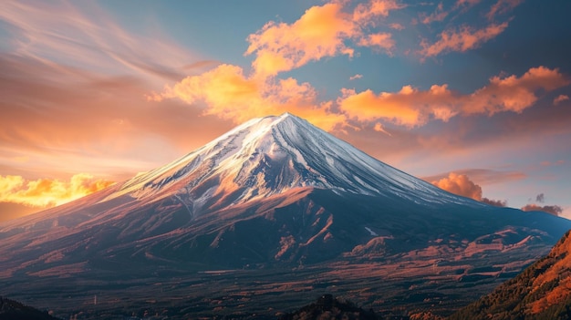 Une prise de vue rapprochée du sommet enneigé du mont Fuji39 éclairé par les nuances dorées du coucher de soleil rayonnant un sentiment de tranquillité et d'émerveillement