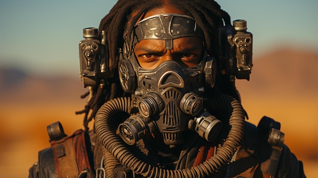 une prise de vue rapprochée du visage d'un masque à gaz avec un masque à gas